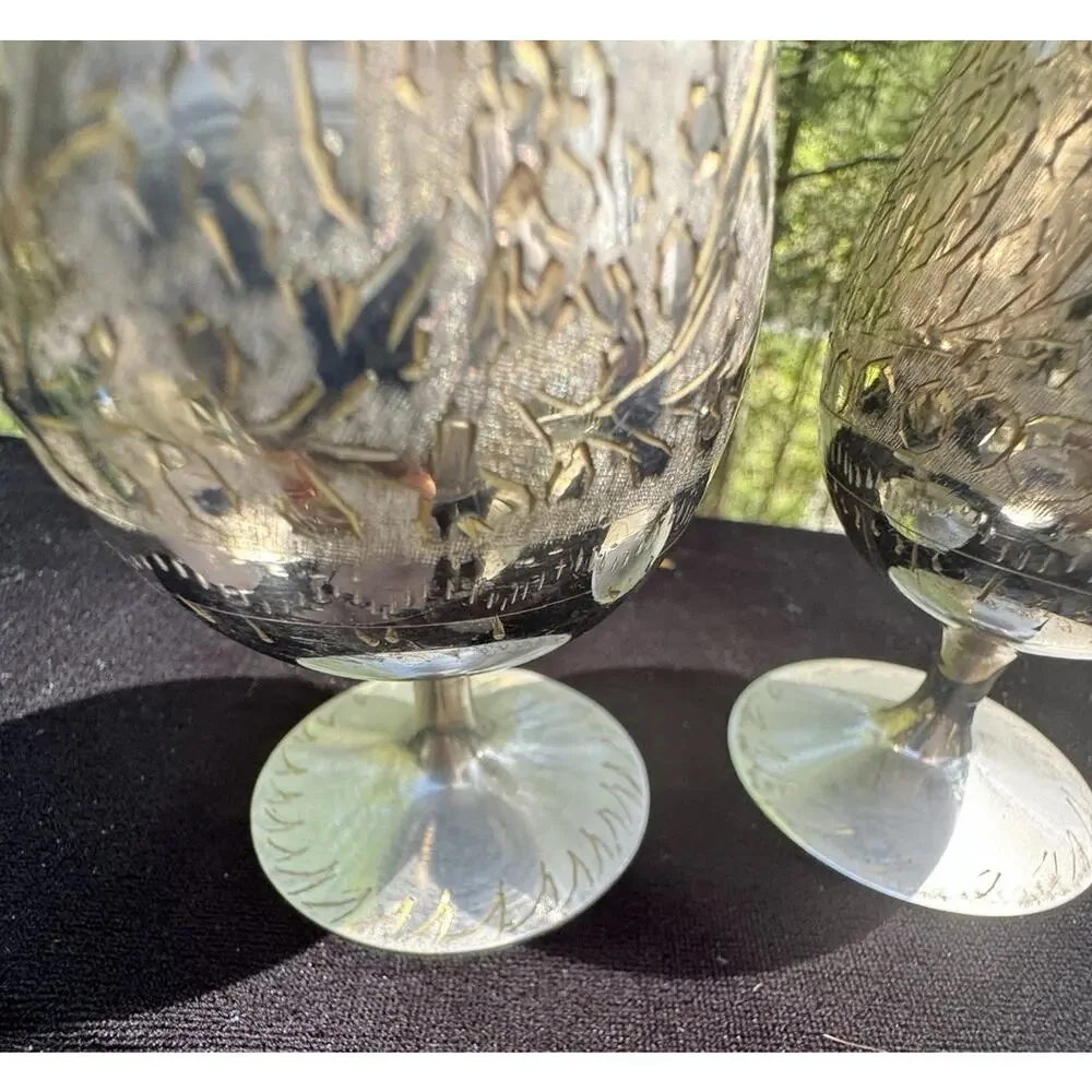 2 Etched Silver Tone Goblets Cups India Wedding Celebration EUC -A50